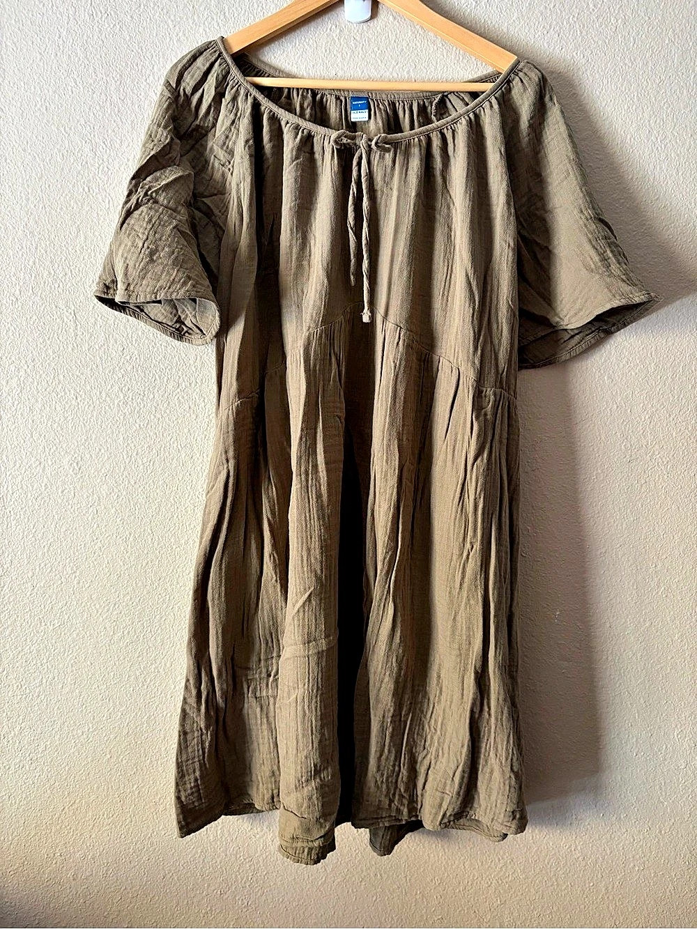 Old Navy Maternity Women's L Olive Green Cotton Dress Tie Neck Short Sleeve